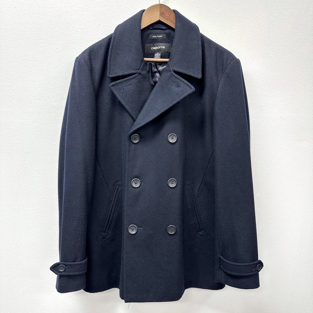 Claiborne Wool Blend Double Breasted Pea Coat Navy M